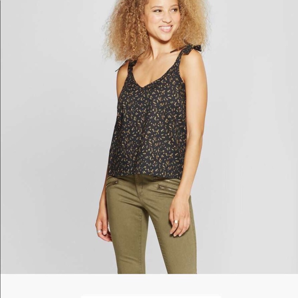 Women's Floral Print Shoulder Tie Tank, Navy, L